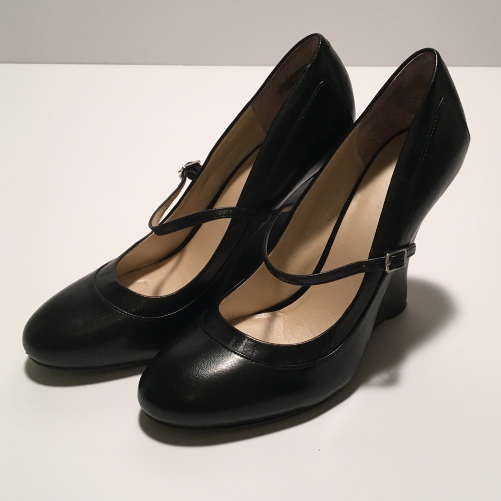 Nine West Truth Or Dare Wedge Heels Black Leather